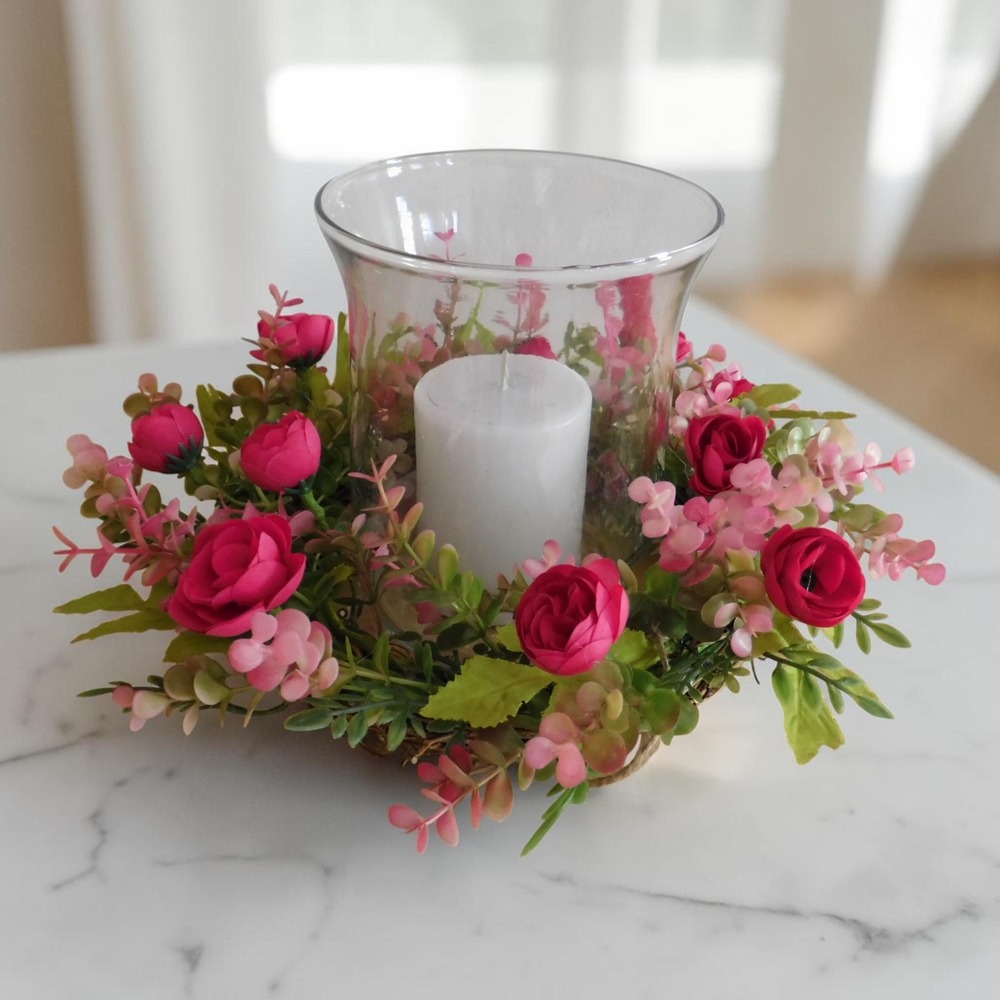 Pink ranunculus Mini Wreath, Candle Ring, Cottagecore, Farmhouse Spring Summer